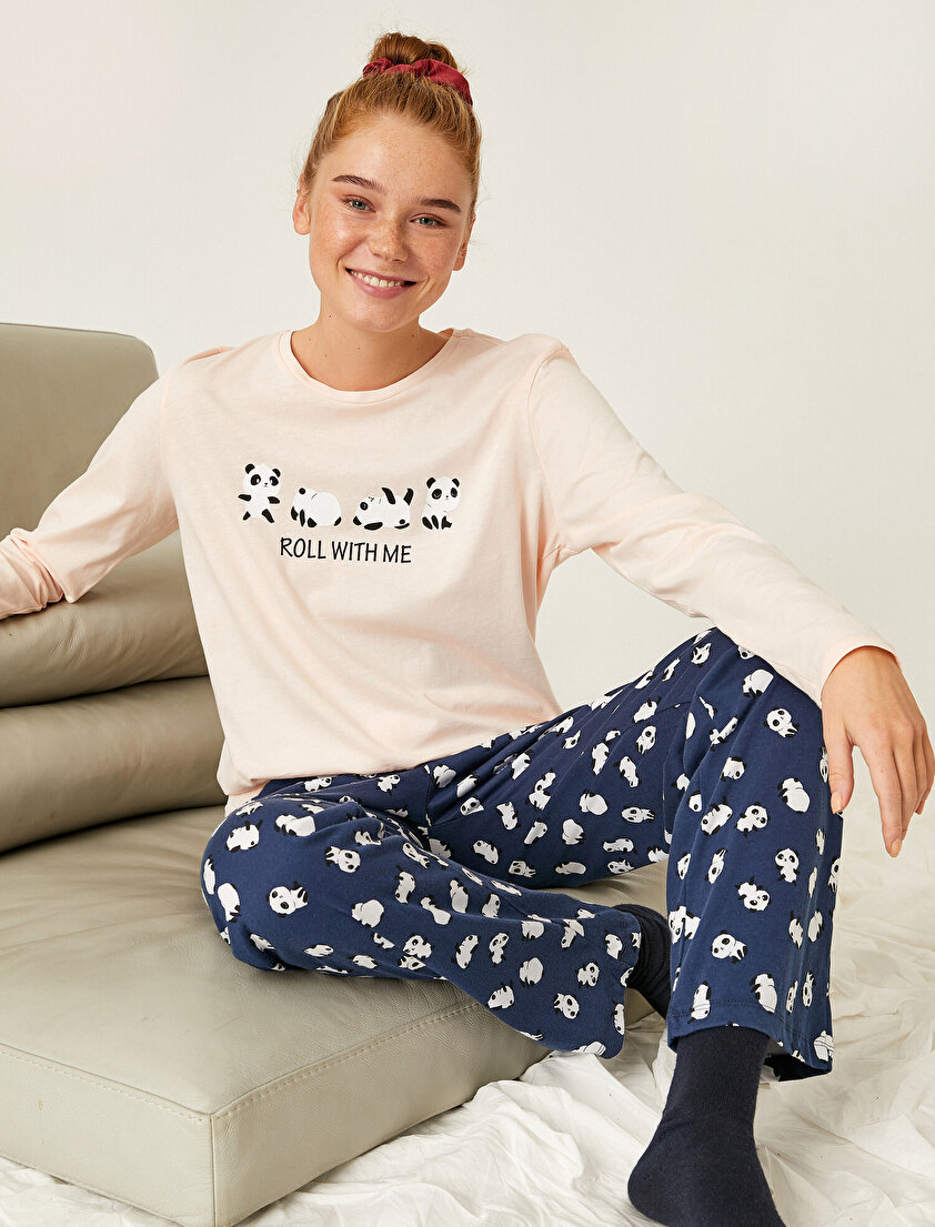 Panda Desenli Pijama Takımı Pamuklu