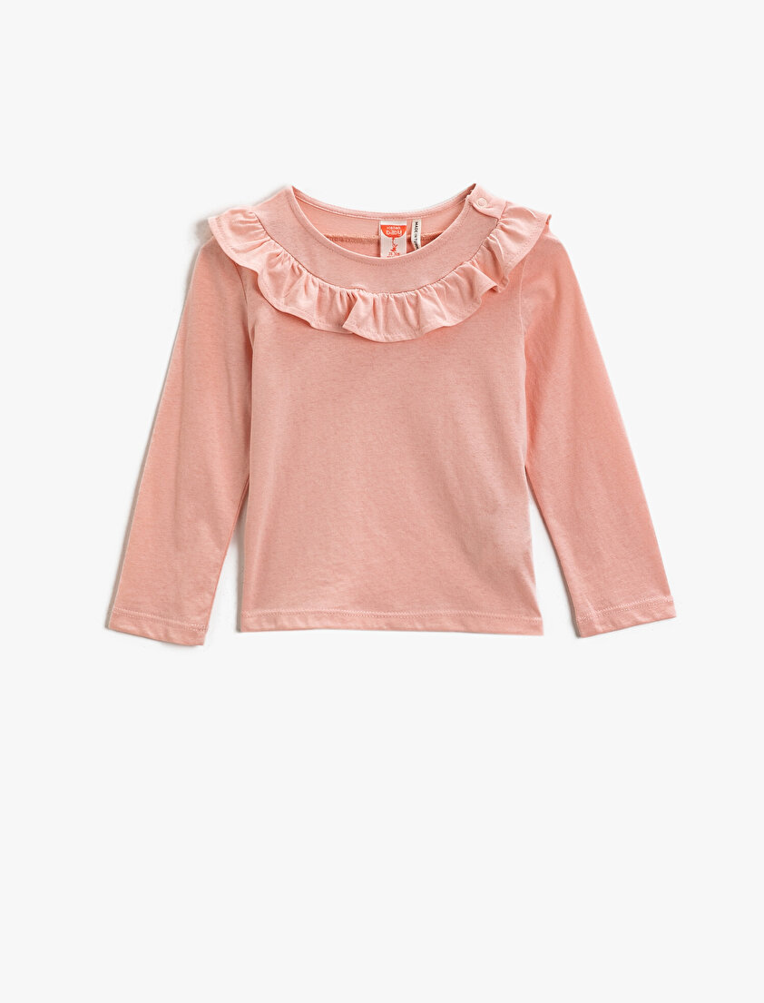 Cotton T-shirt Frill Neck Long Sleeve