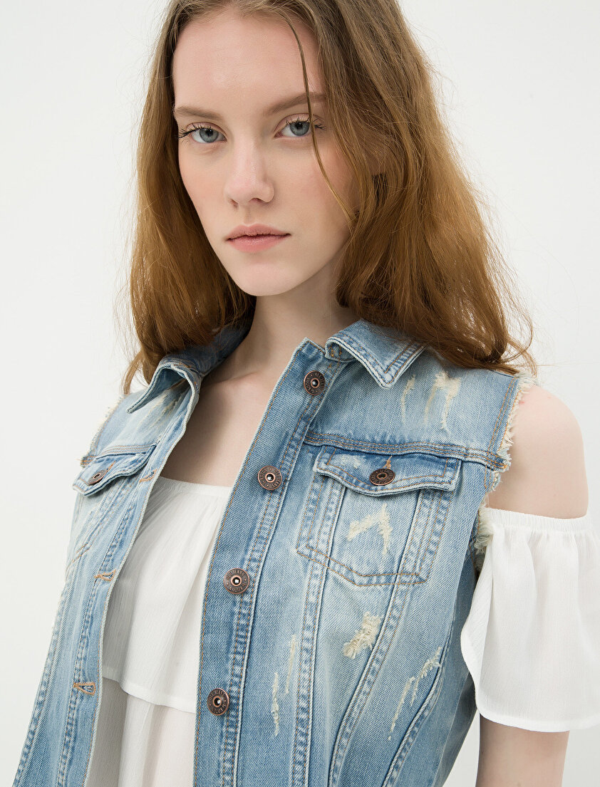 Koton Cep Detaylı Jean Yelek. 1