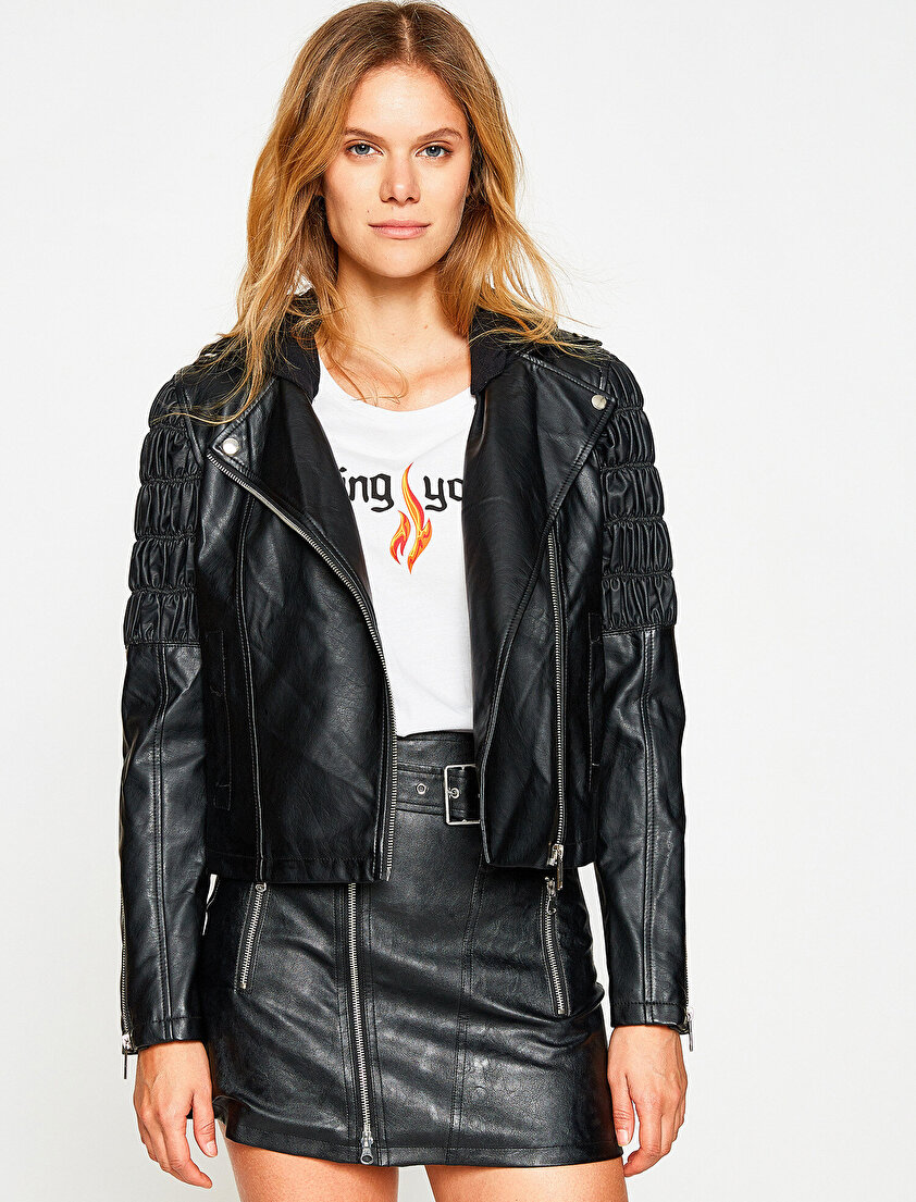 Deri Görünümlü Mont