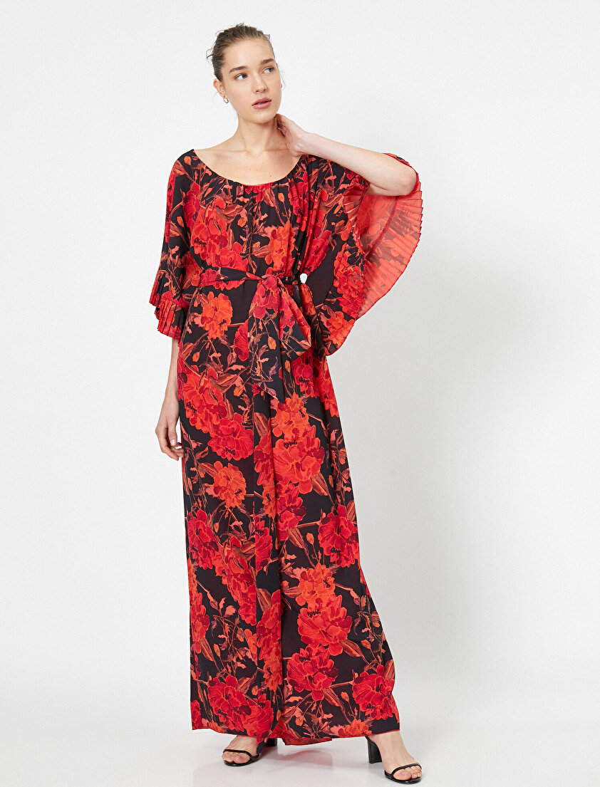 Oyuk Yaka Kol Detaylı Beli Bağlamalı Desenli Maxi Elbise