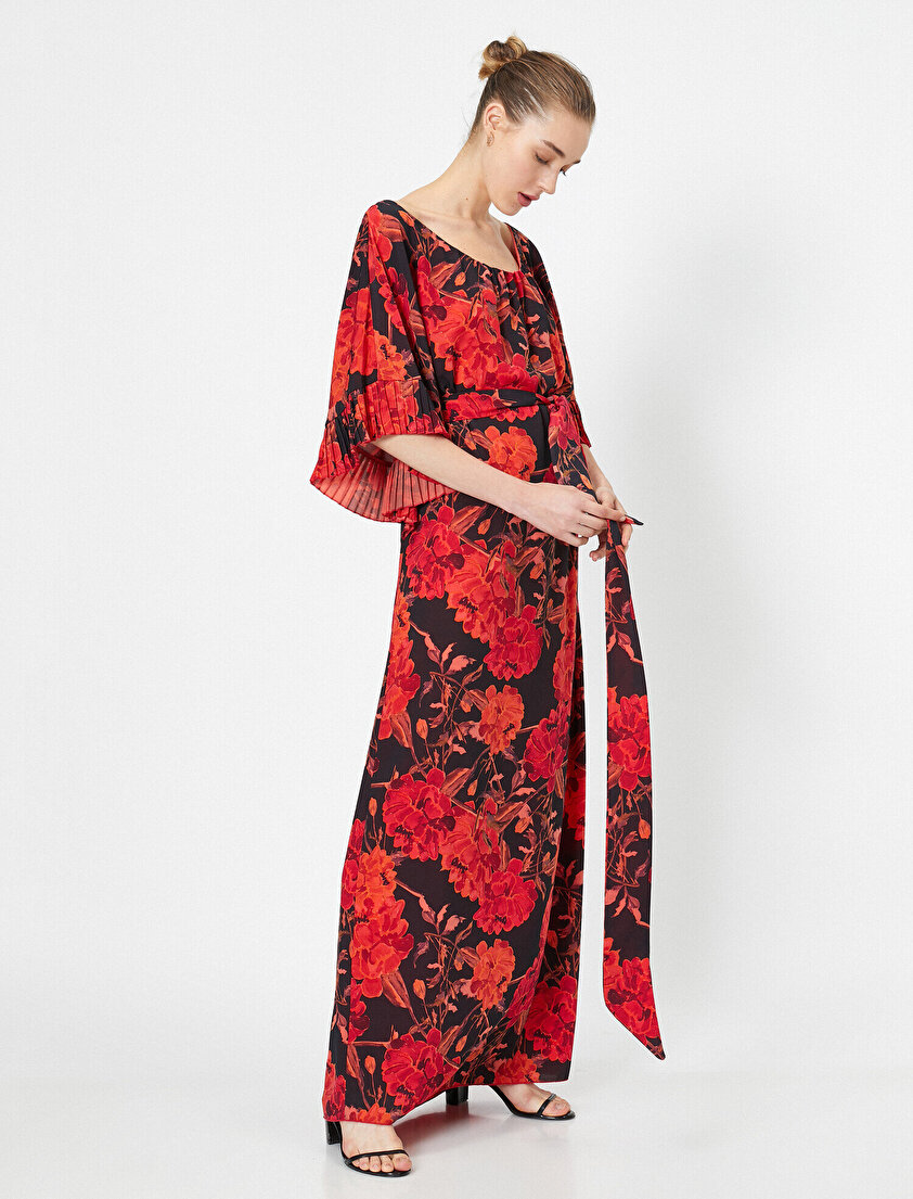 Oyuk Yaka Kol Detaylı Beli Bağlamalı Desenli Maxi Elbise