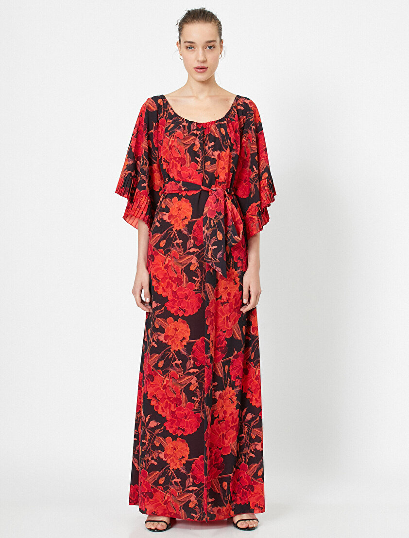 Oyuk Yaka Kol Detaylı Beli Bağlamalı Desenli Maxi Elbise