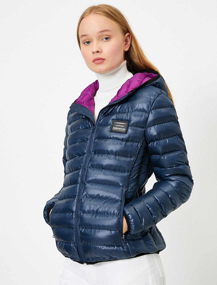 Lacivert Mavi Bayan Kapüşonlu Kapitoneli Şişme Mont