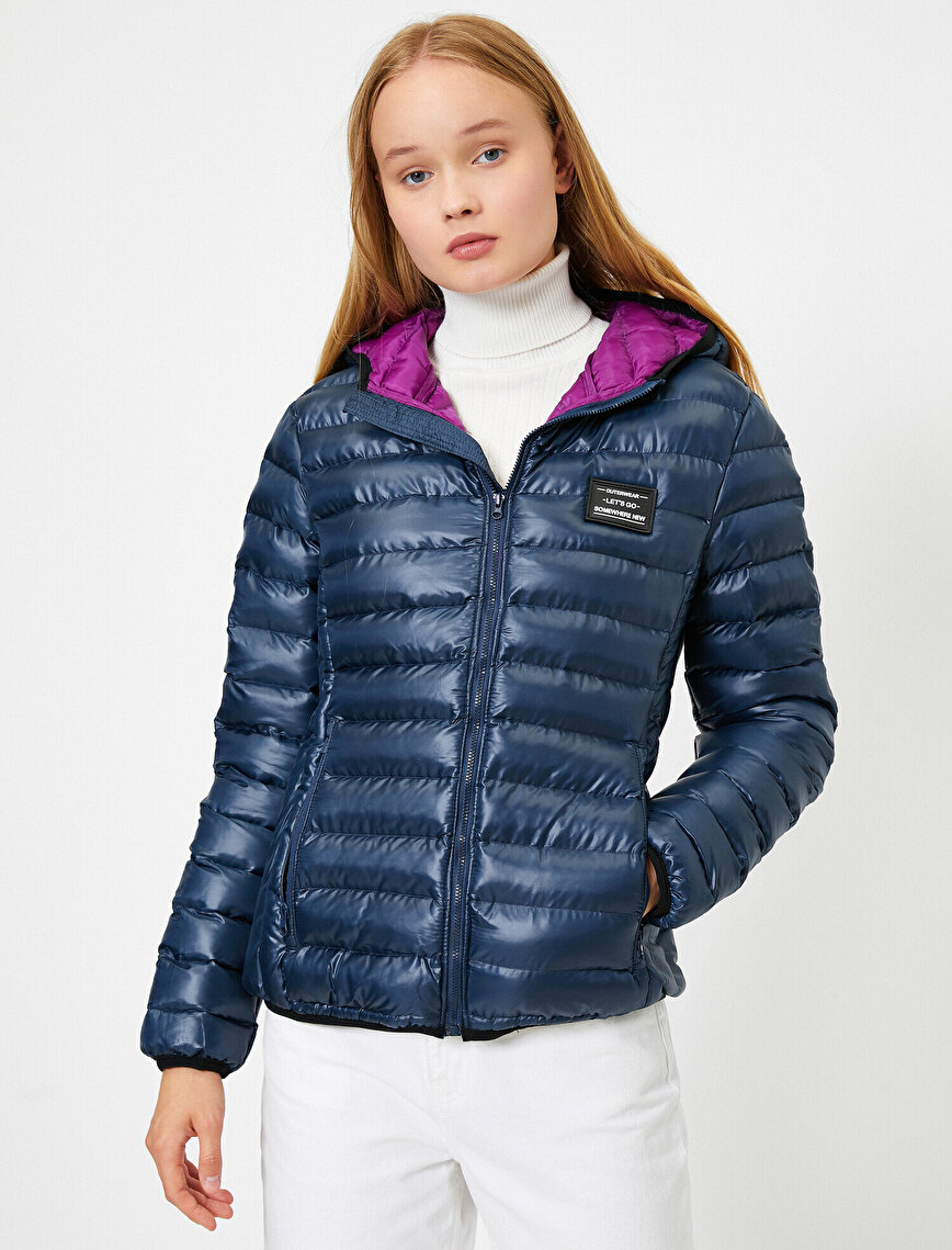 Lacivert Mavi Bayan Kapüşonlu Kapitoneli Şişme Mont