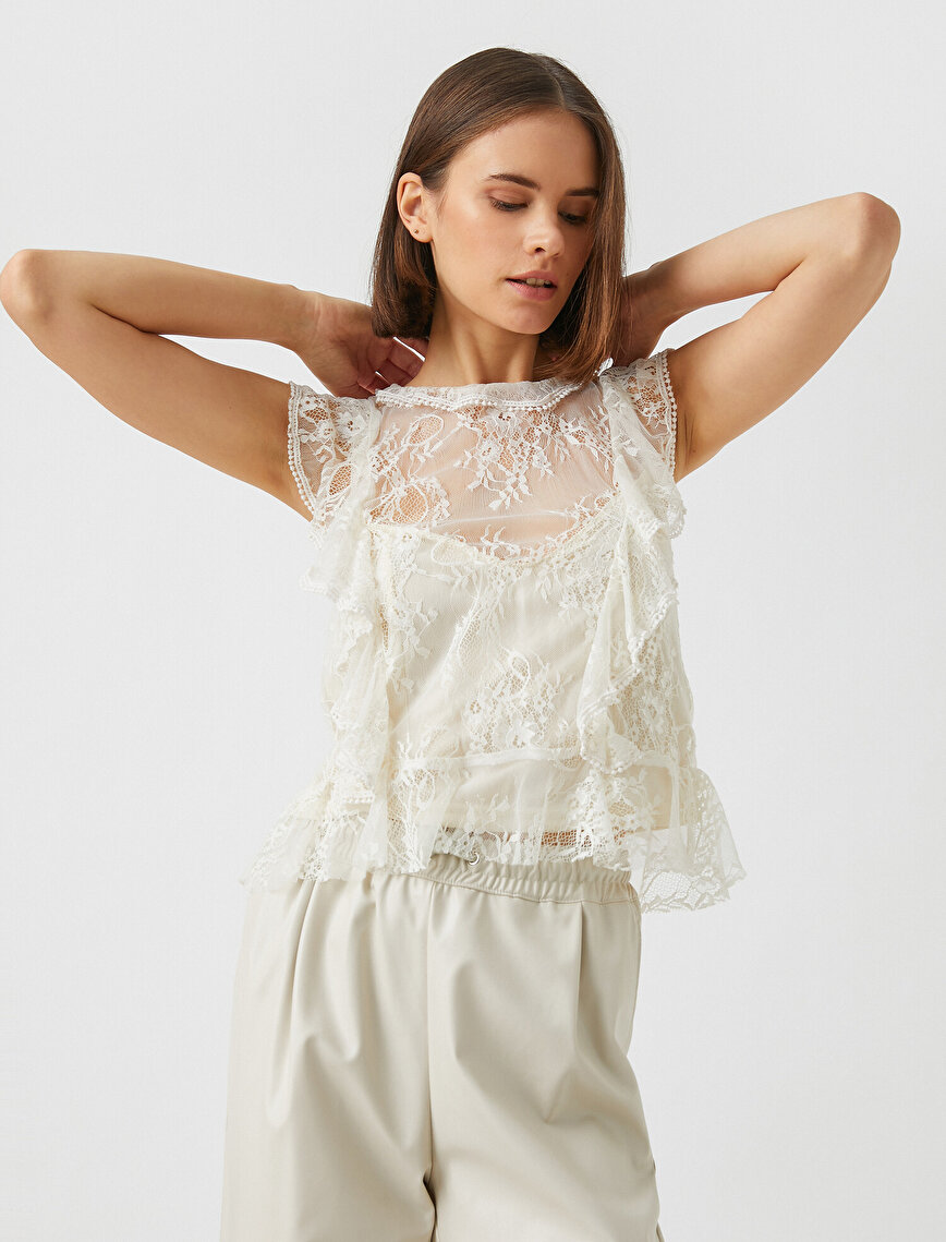 Crew Neck Frilled Floral Laced Blouse
