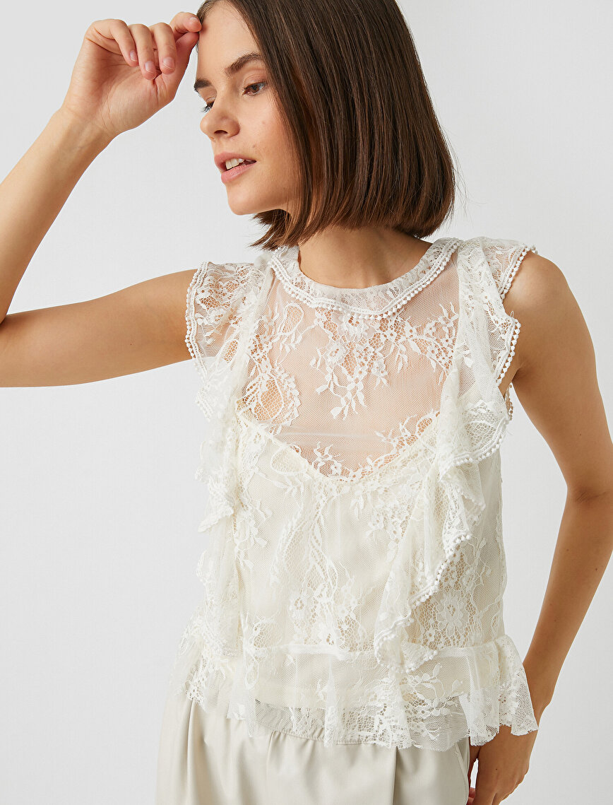 Crew Neck Frilled Floral Laced Blouse