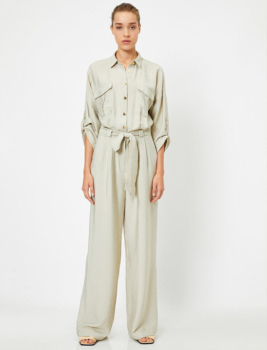Pocketed Buttoned Belted Jumpsuit
