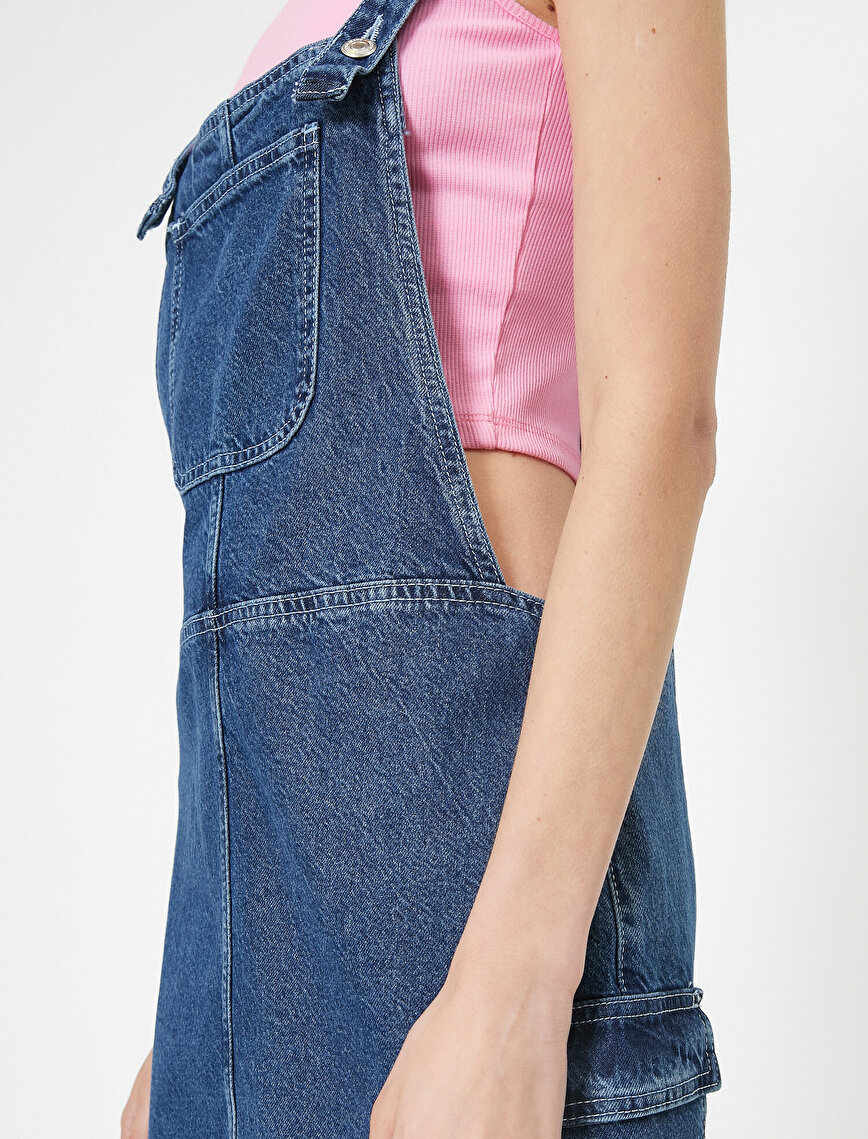 Cep Detaylı Kolsuz Midi Jean Elbise