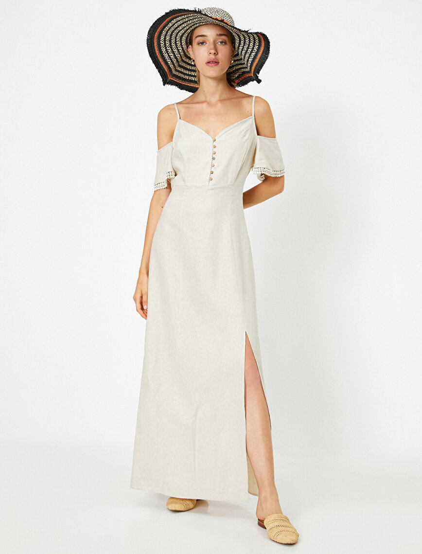 Ekru Bayan İnce Askılı Açık Omuzlu Yırtmaçlı Uzun Elbise