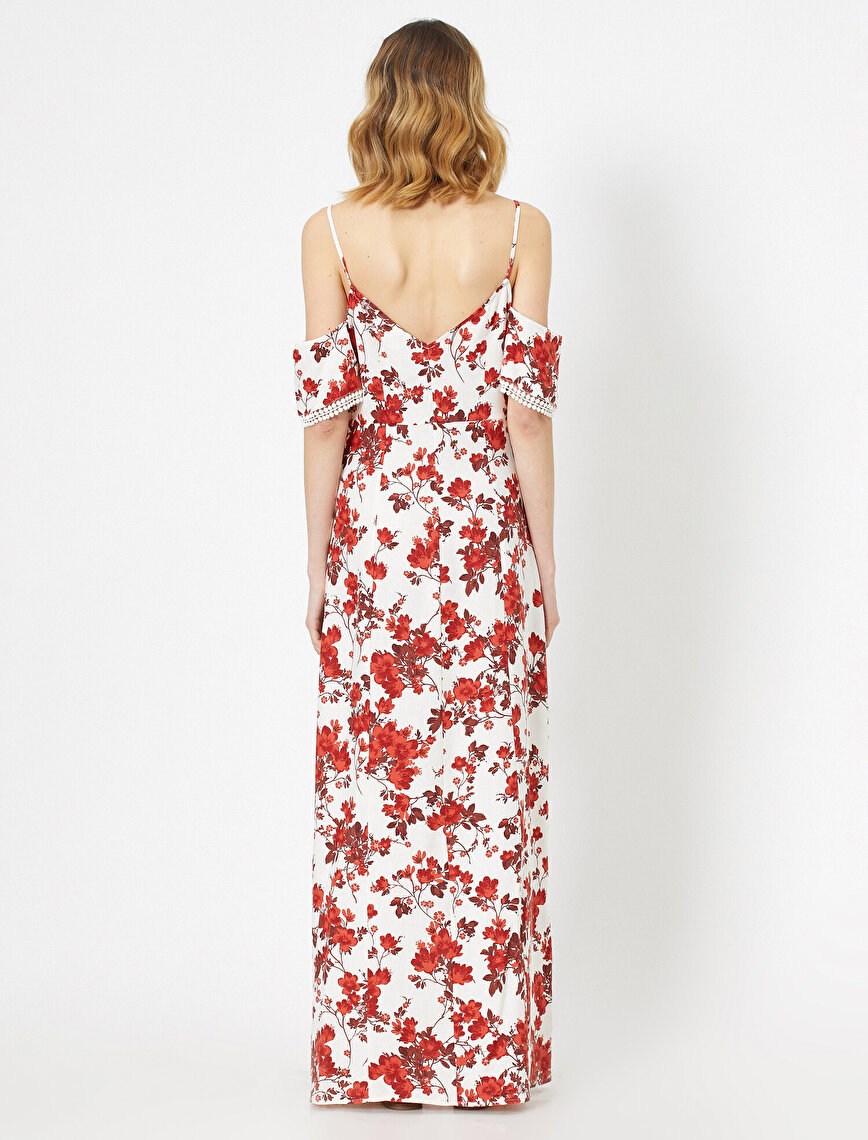 Askılı Çiçek Desenli Kısa Kollu Yırtmaç Detaylı Maxi Elbise