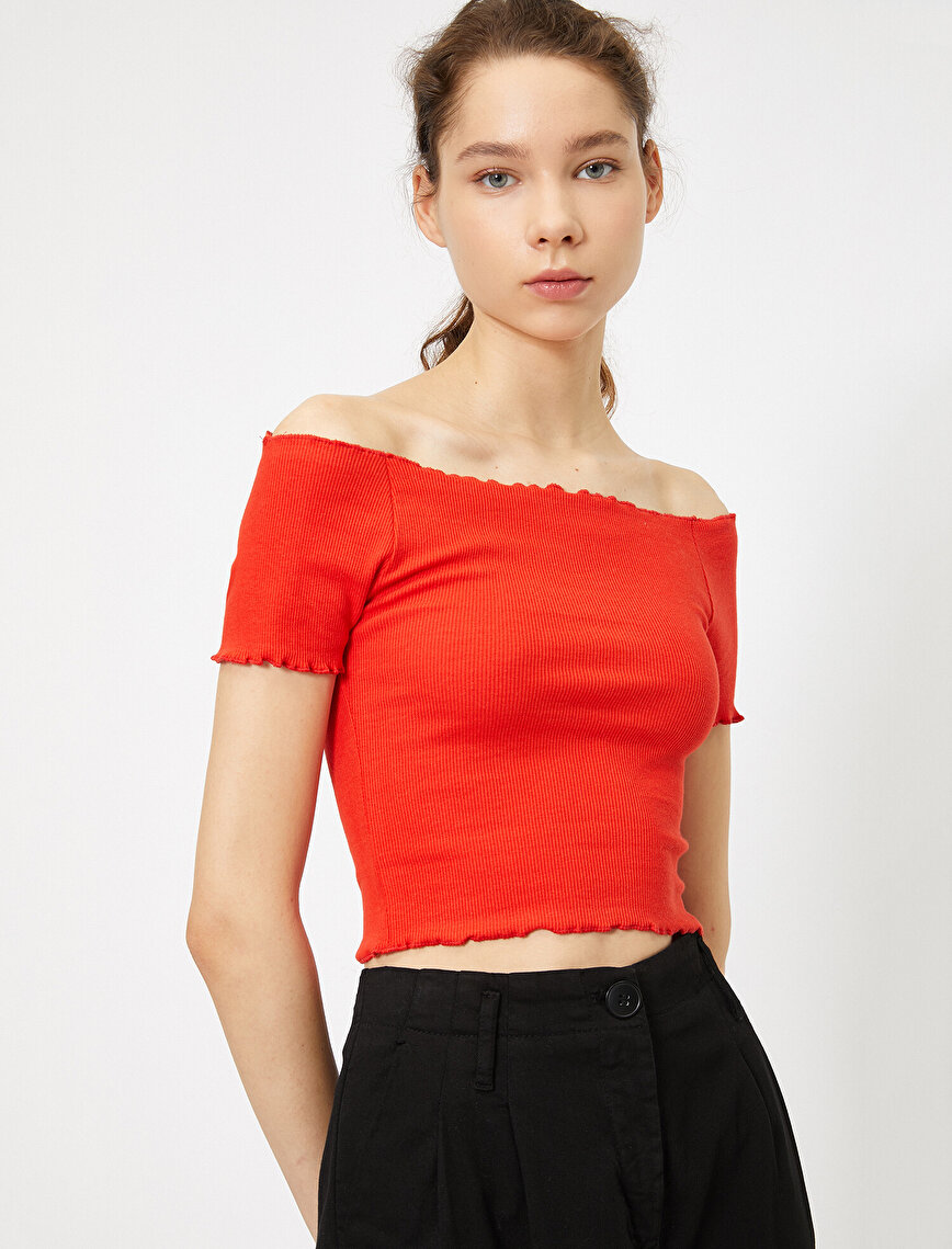 Kırmızı Bayan Omzu Açık TShirt 0YAL18044OK435 Koton