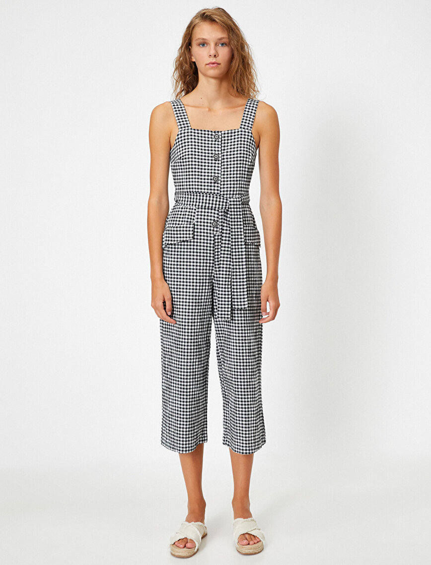 Checked Pocketed Belted Jumpsuit