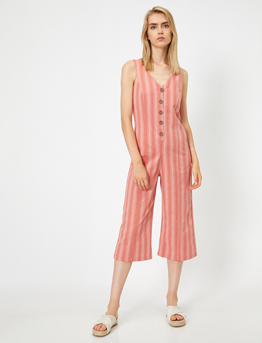 Striped Buttoned Strap Jumpsuit