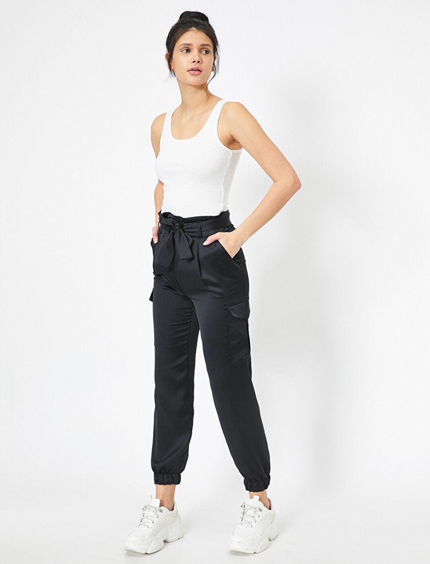 High Waist Belted Satin Cargo Jogger Trousers