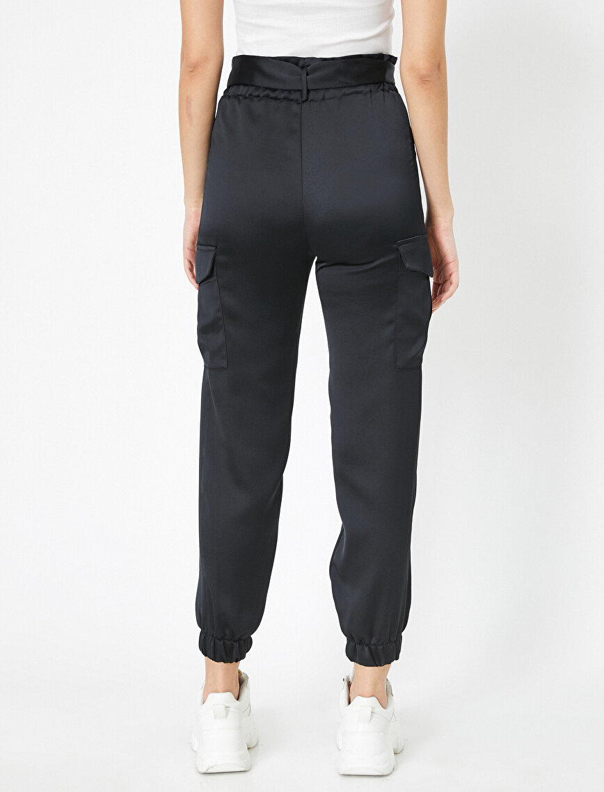 High Waist Belted Satin Cargo Jogger Trousers