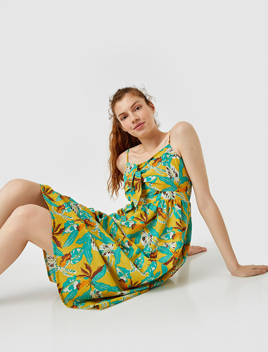 Tropical Print Thin Strap Midi Dress 