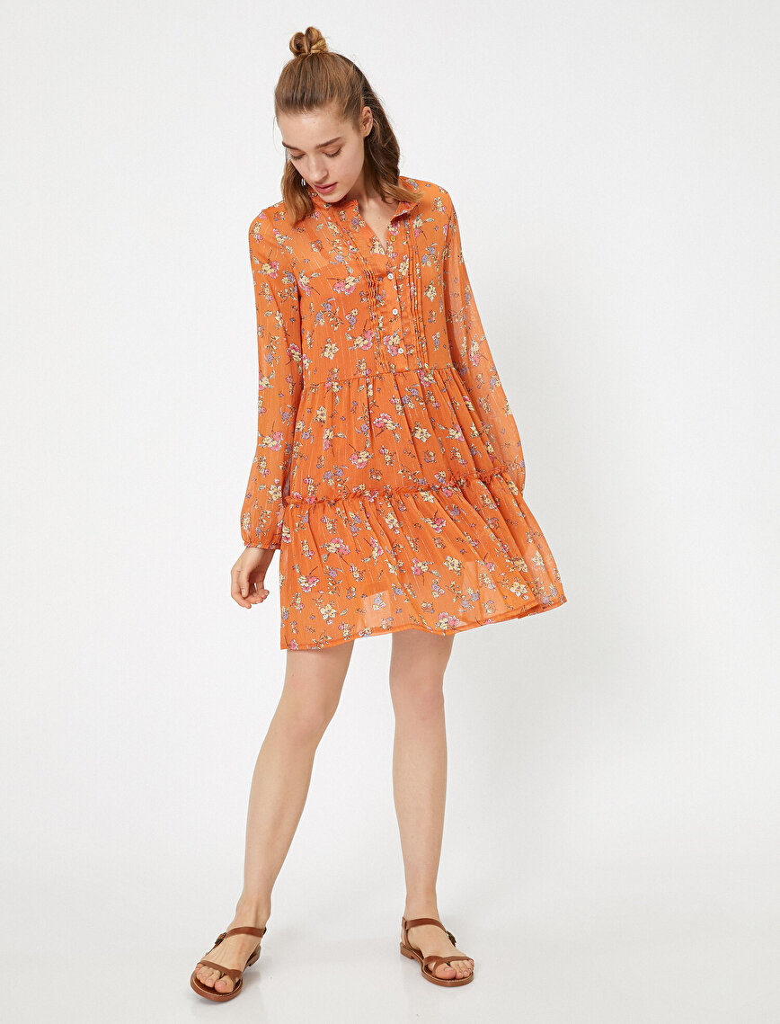 Patterned Button Detailed Mini Dress