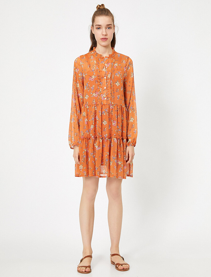 Patterned Button Detailed Mini Dress