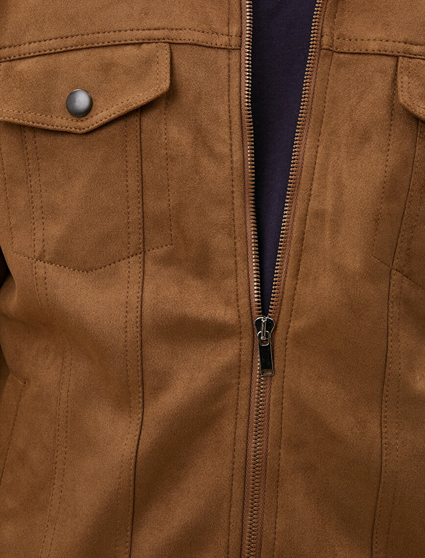 Pocket Detailed Zipper  Suede Coat