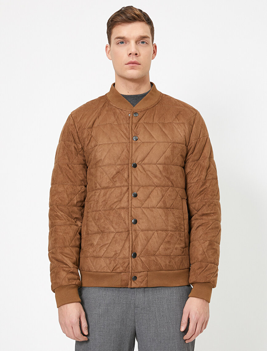 Bomber Collar Button Detailed Quilted Suede Look Coat