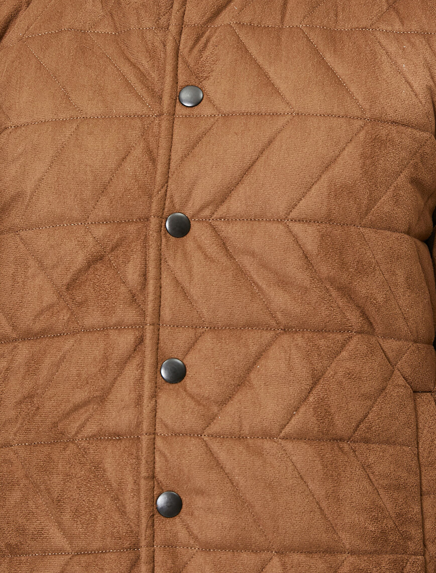 Bomber Collar Button Detailed Quilted Suede Look Coat
