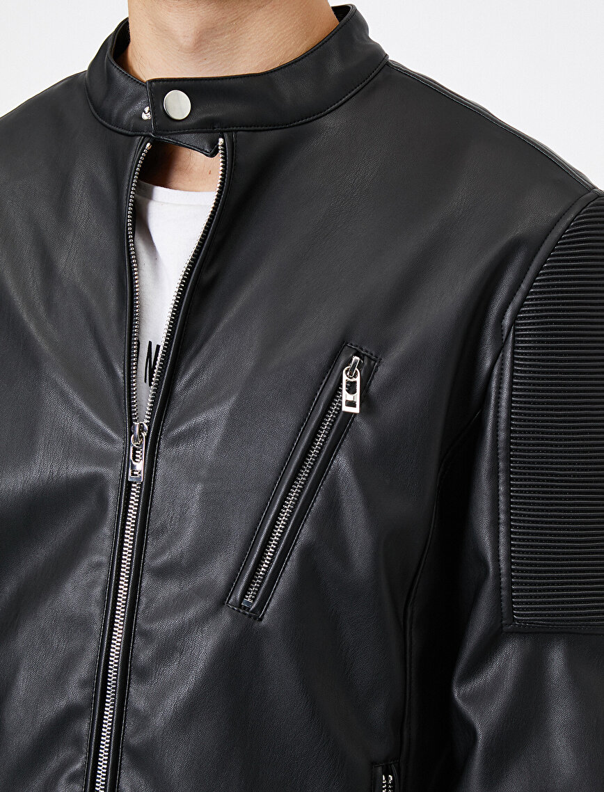 Mandarin Collar Pocket Detailed Zipper Leather Look Coat