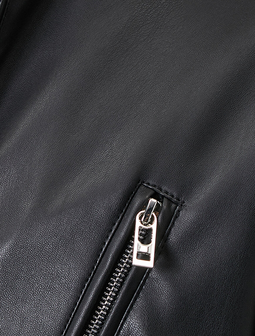 Mandarin Collar Pocket Detailed Zipper Leather Look Coat