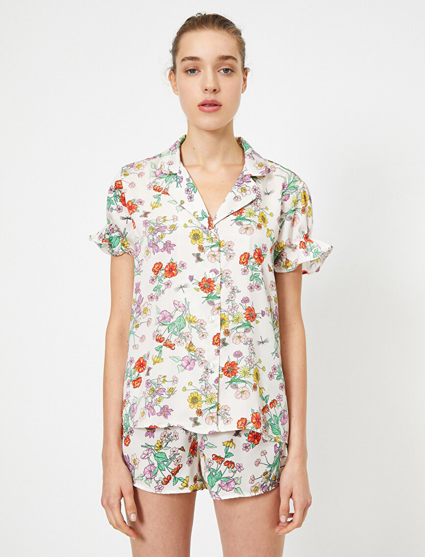 Flower Patterned Frill Detailed Short Sleeve Pyjamas Top