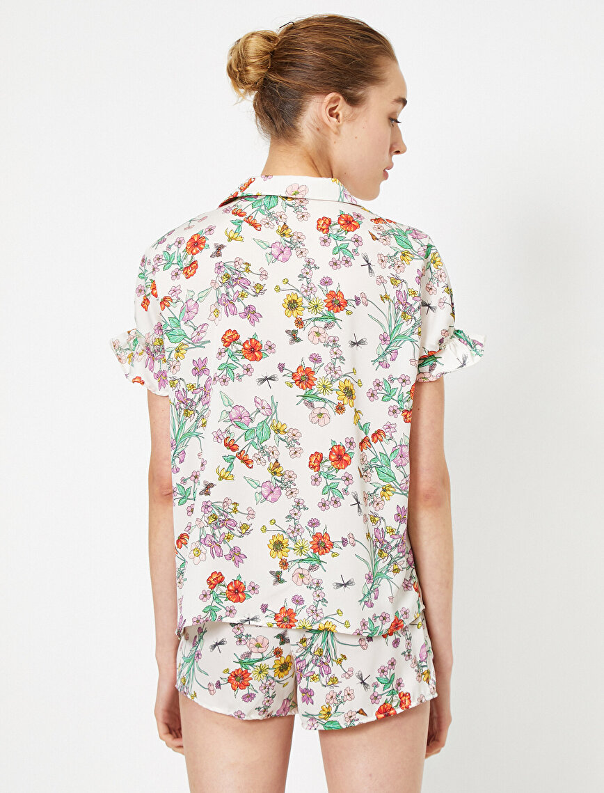 Flower Patterned Frill Detailed Short Sleeve Pyjamas Top