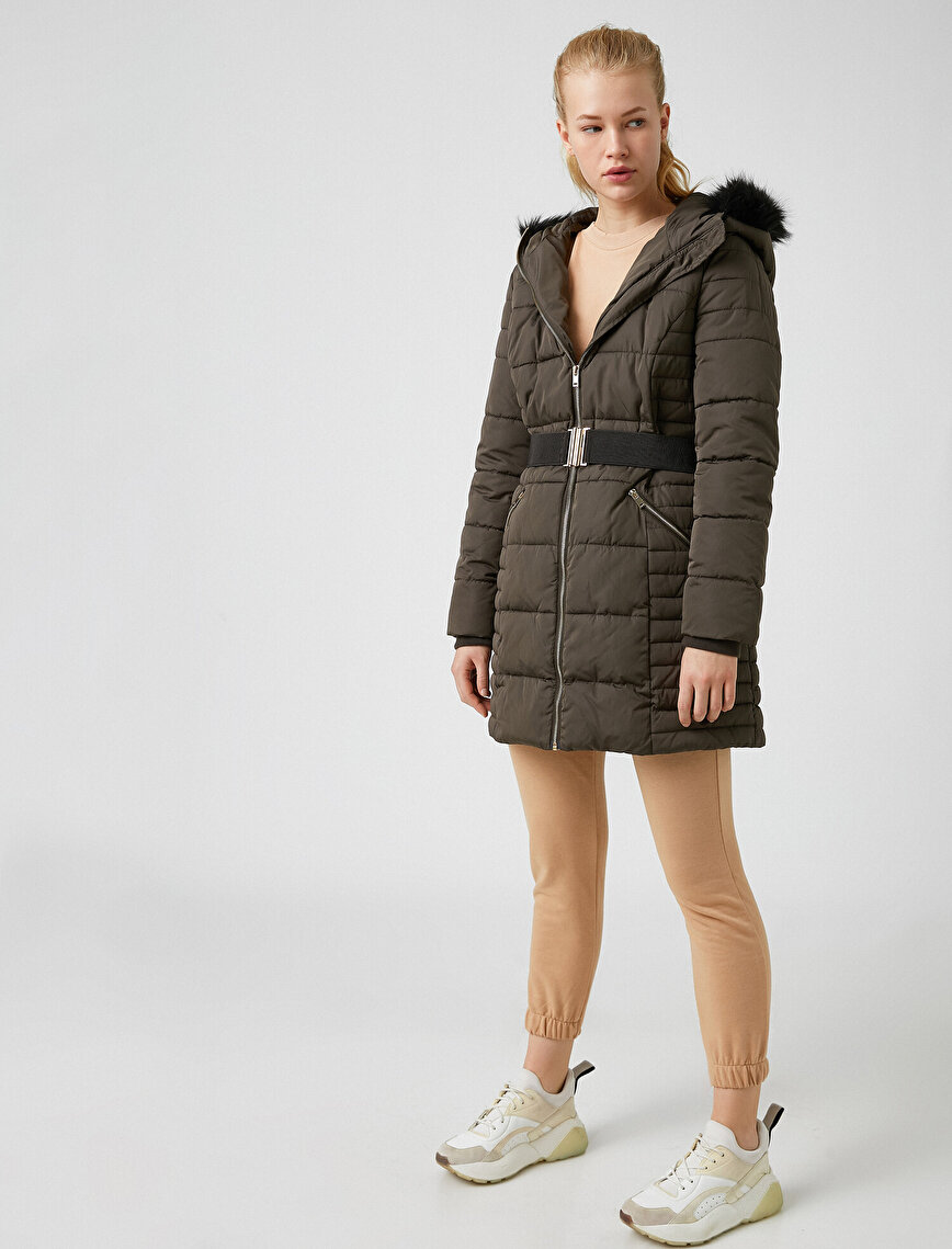 Belted Hooded Faux Fur Detailed Coat