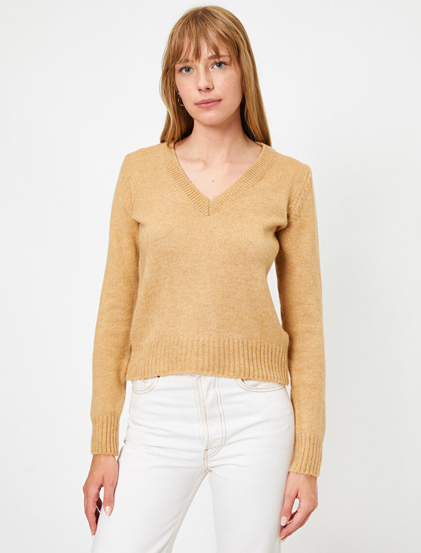 Camel Women V Neck Long Sleeve Basic Sweater ...