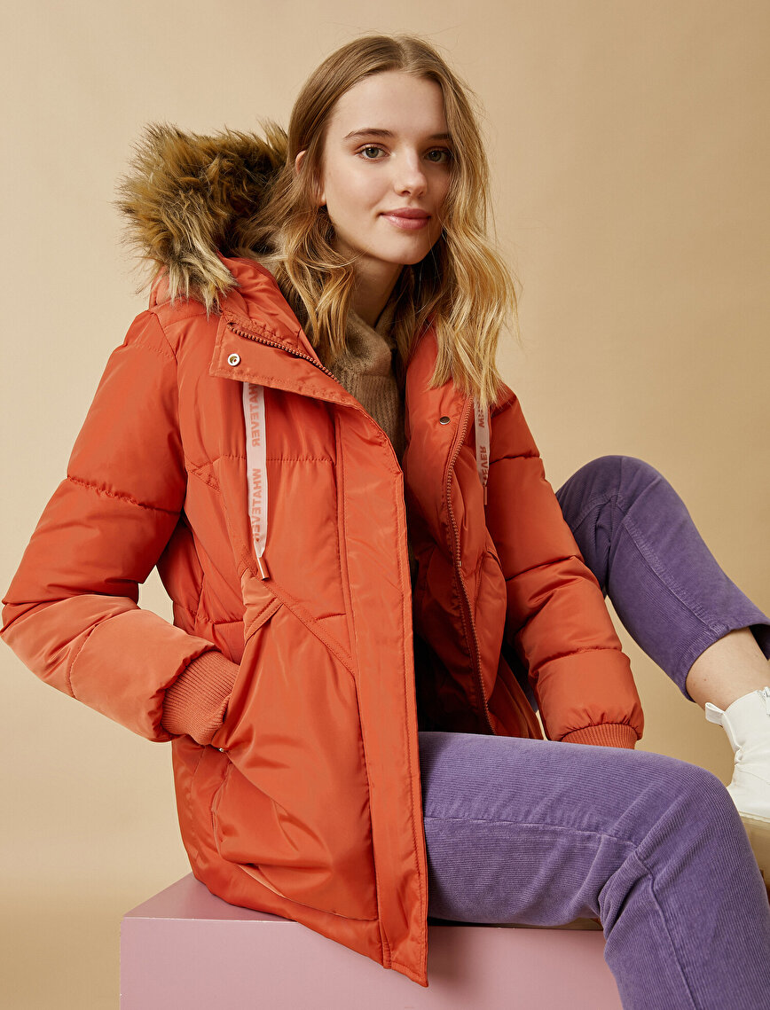 Hooded Puffer Coat Faux Fur Detailed