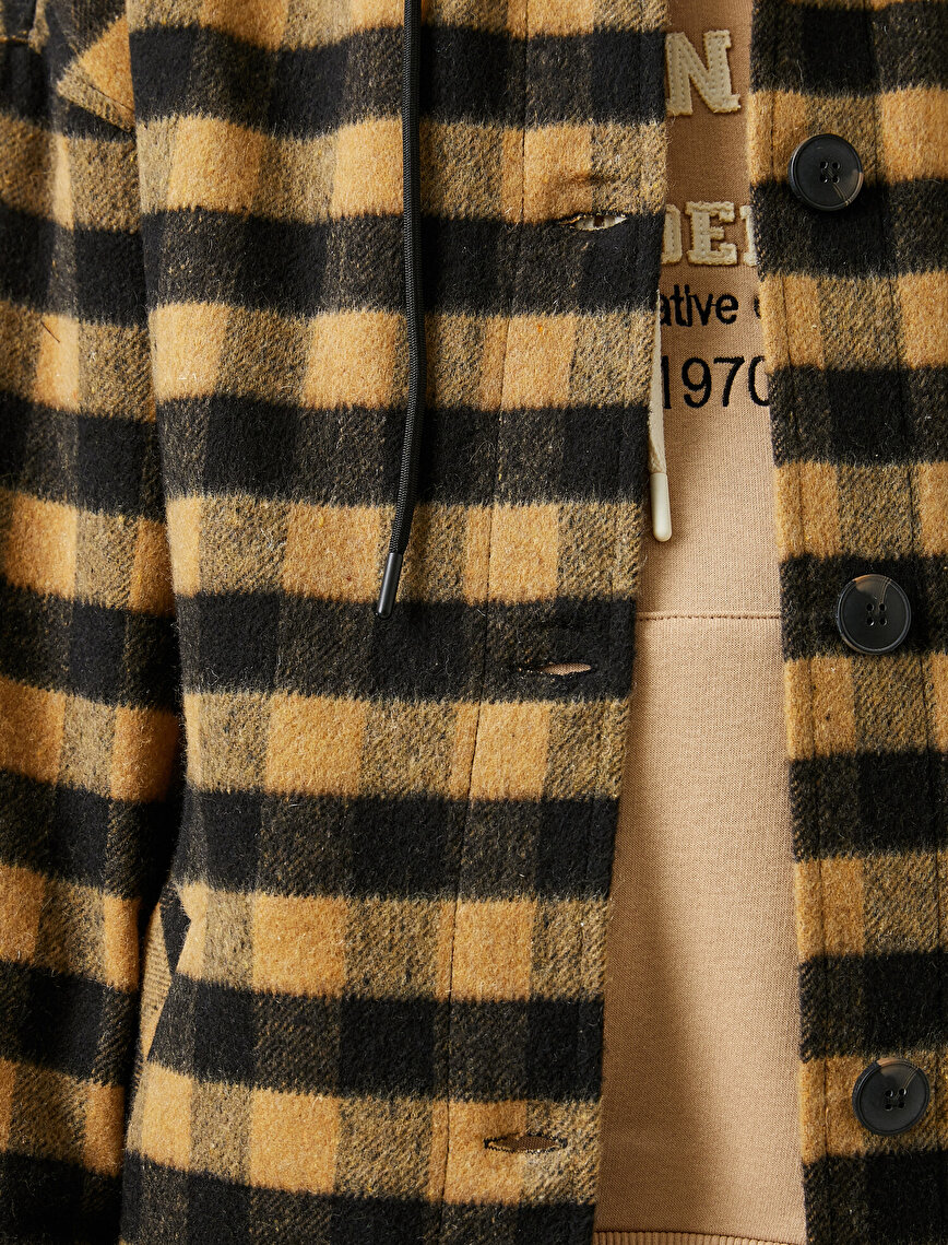 Kareli Kapüşonlu Oversize Ceket