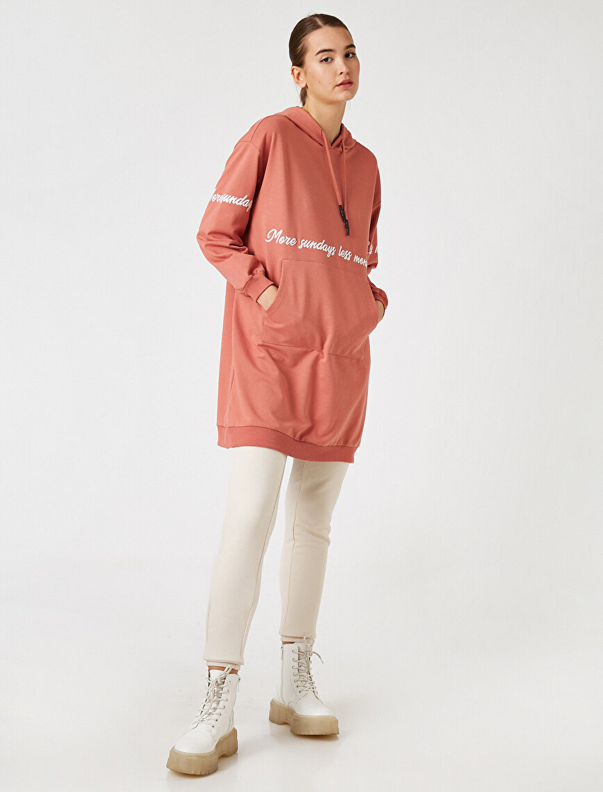 Cotton Slogan Embroidered Hooded Long Sweatshirt