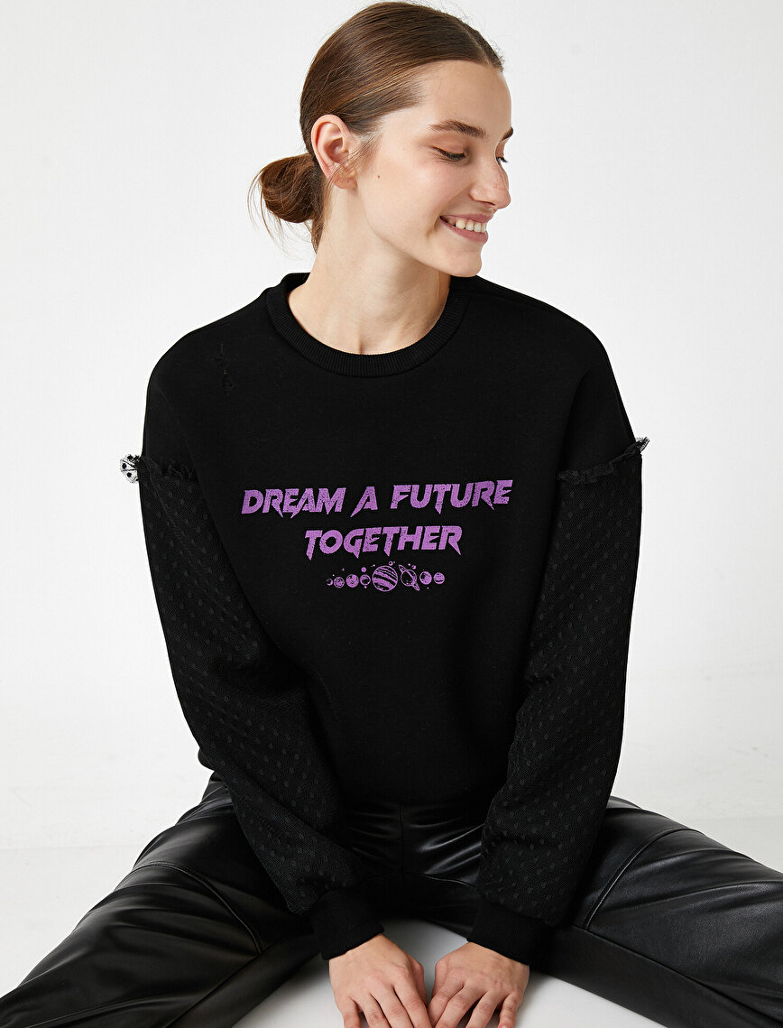 Crew Neck Letter Printed Tulle Detailed Sweatshirt