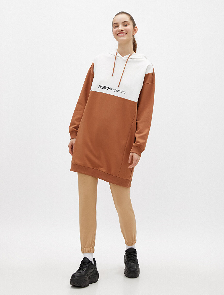 Cotton Hooded Color Block Slogan Long Sweater