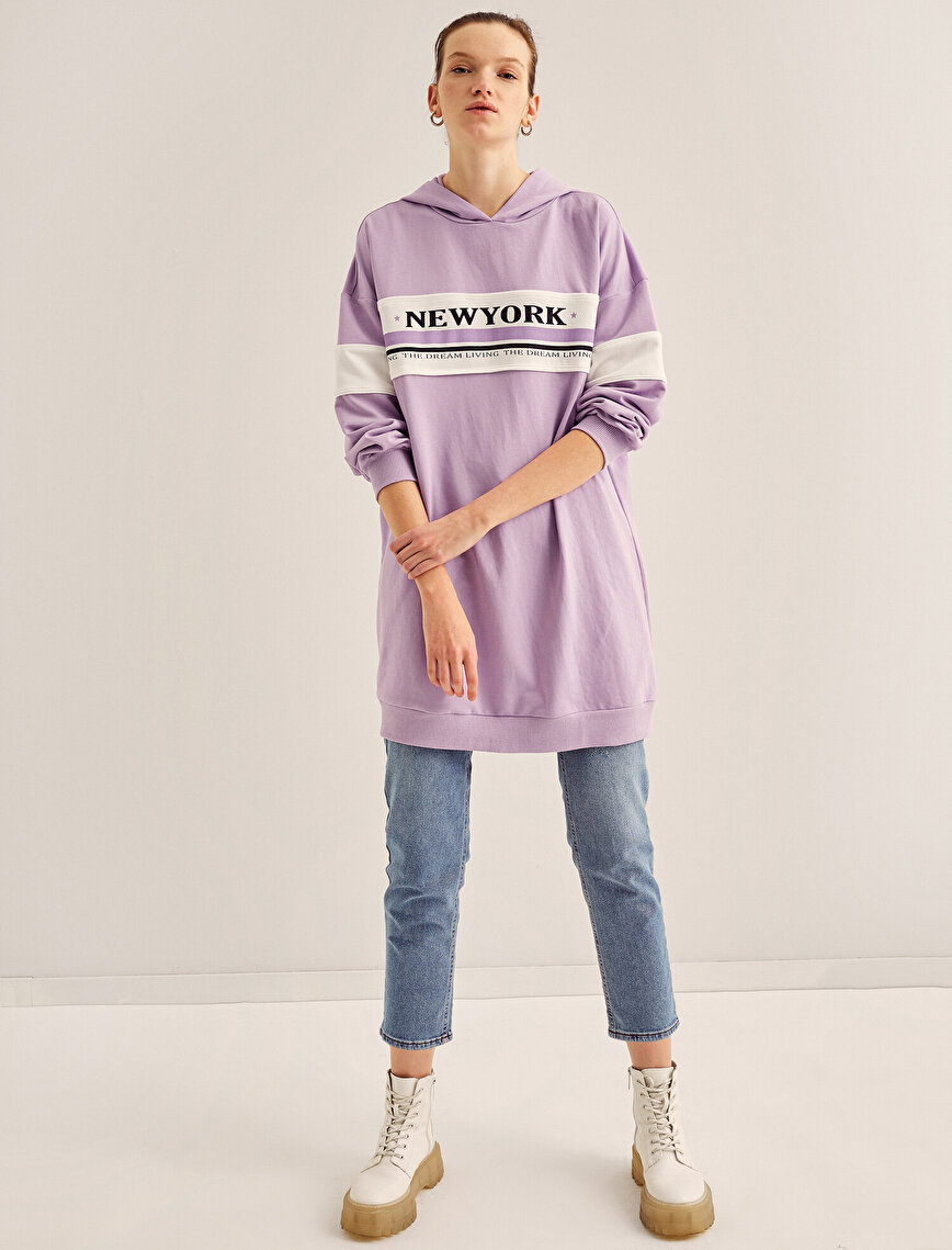 Cotton Hooded Letter Printed Color Block Sweatshirt