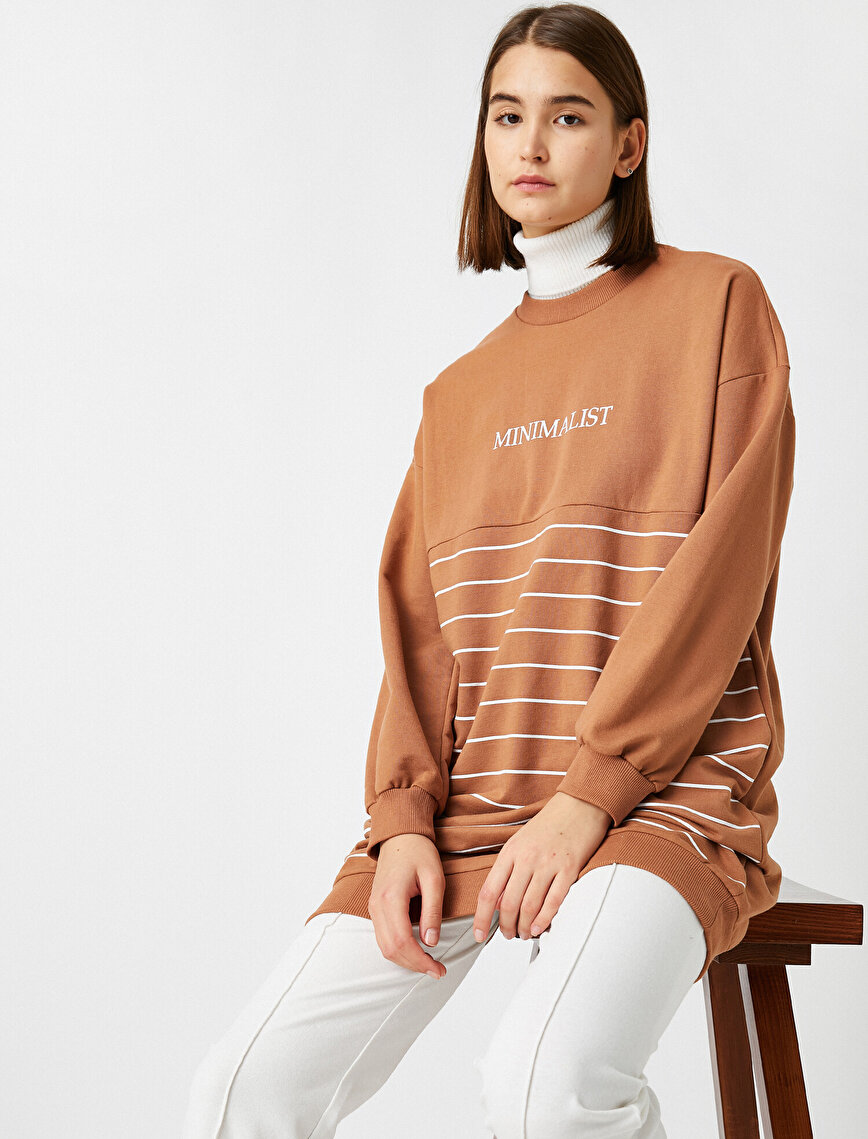 Cotton Long Striped Slogan Sweatshirt 