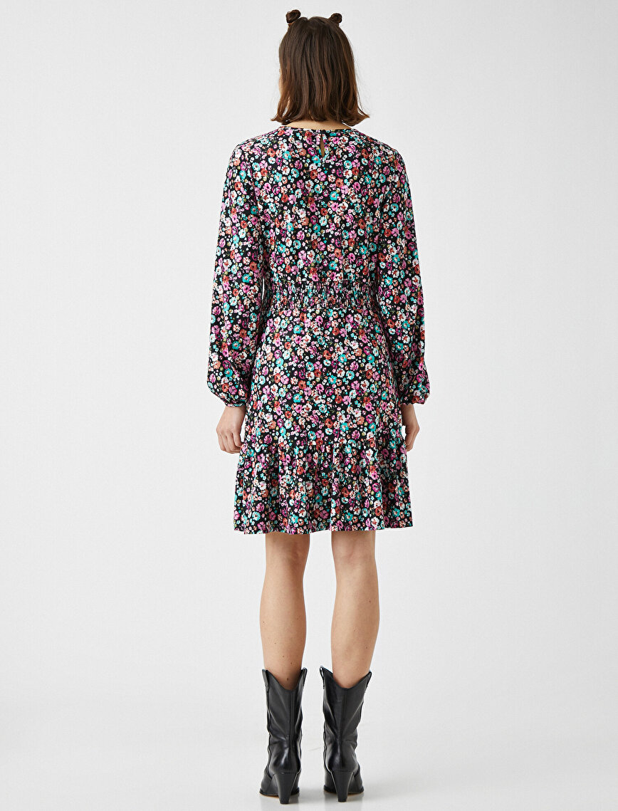 Crew Neck Long Sleeve Frilled Floral Mini Dress