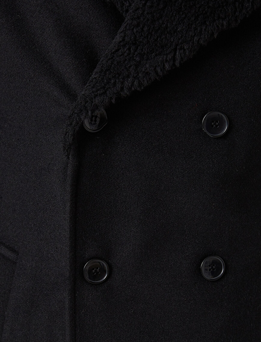 Color Faux Fur Button Detailed Pocket Coat