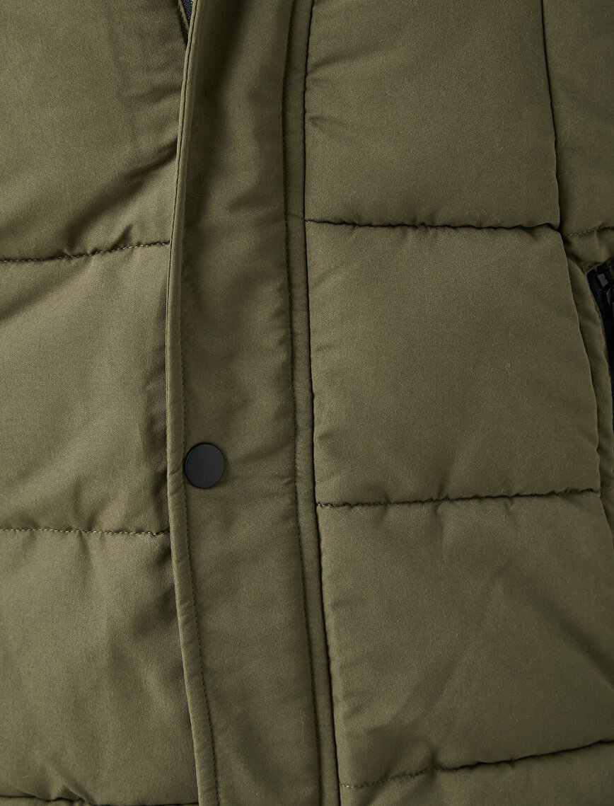 Hooded Zipper Button Pocket Detailed Coat