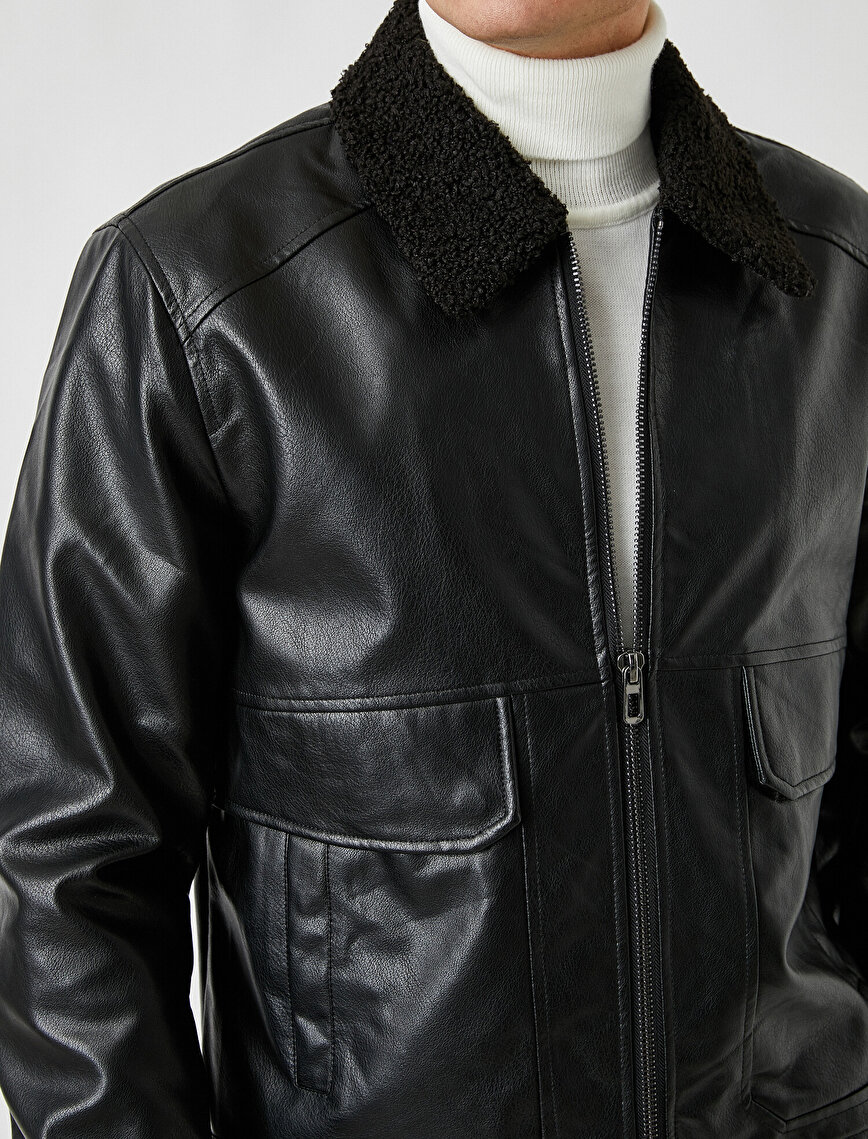 Faux Fur Neck Leather Look Jacket