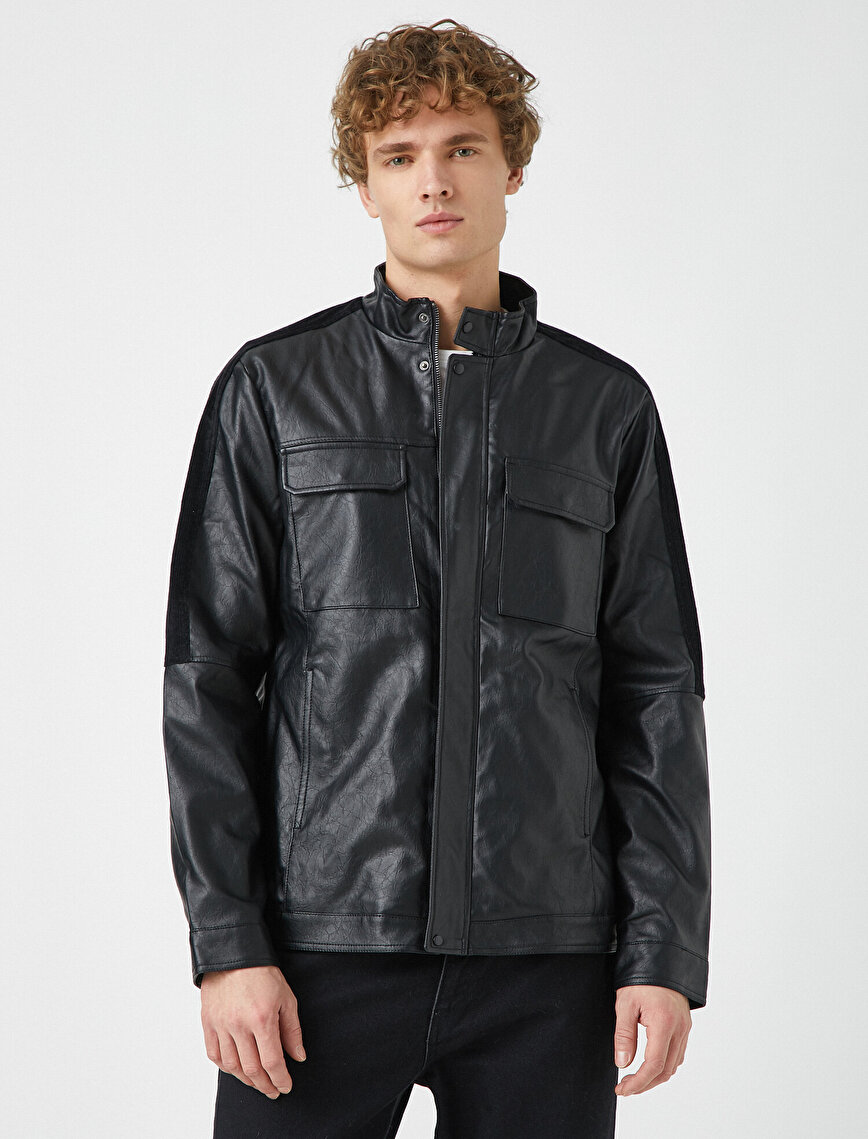 Stand Neck Pocket Detailed Faux Leather Jacket