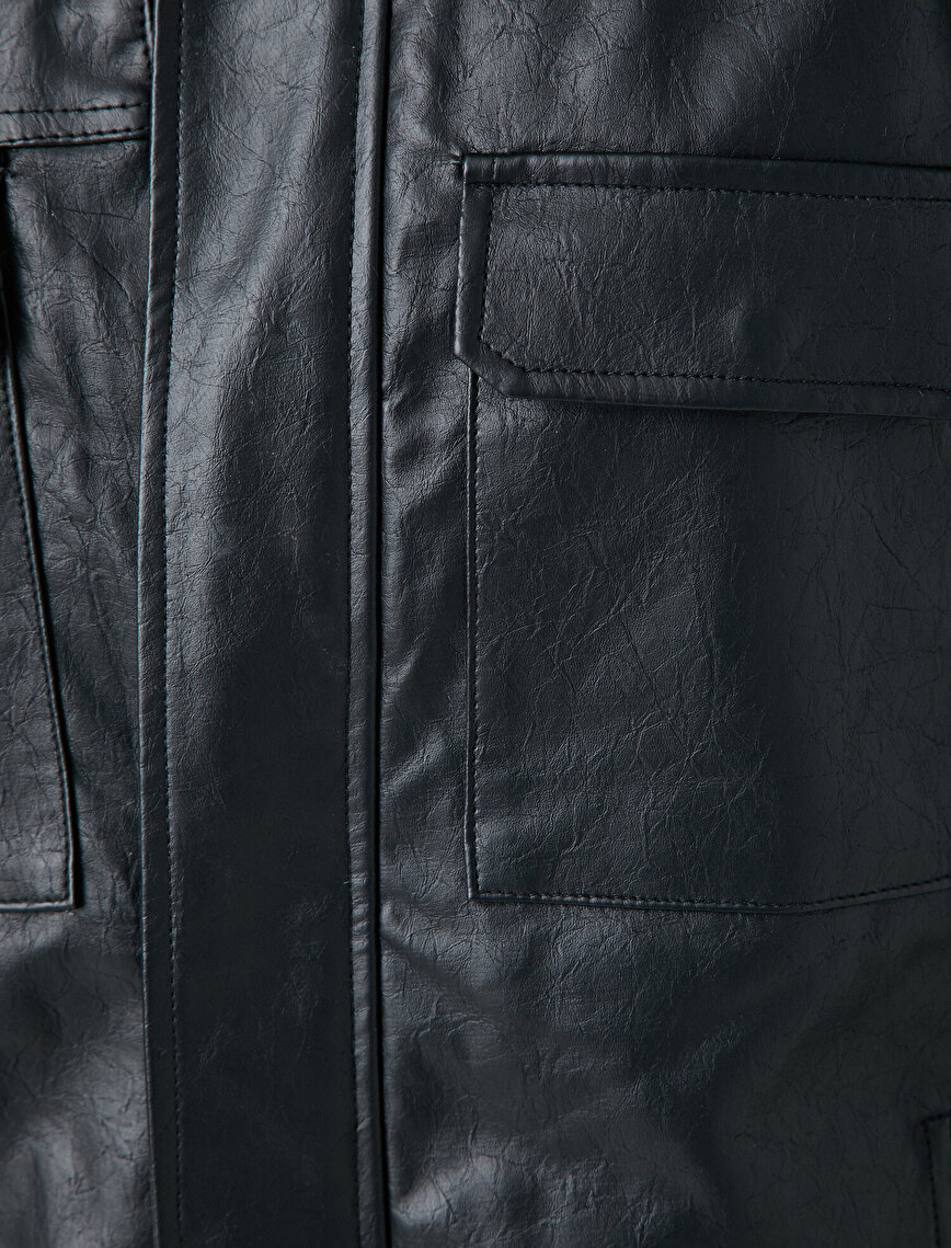 Stand Neck Pocket Detailed Faux Leather Jacket