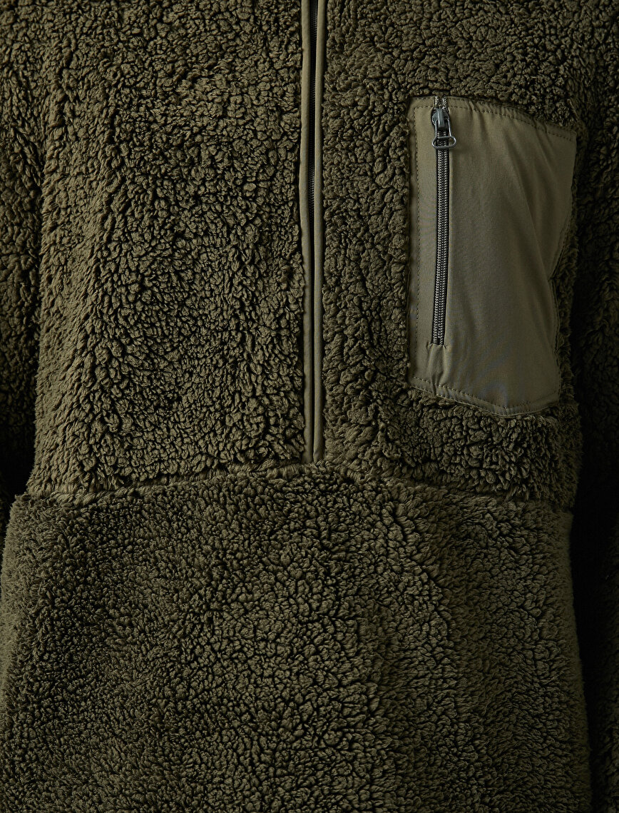 Zipper Detailed Pocket Detailed Stand Neck Plush Coat
