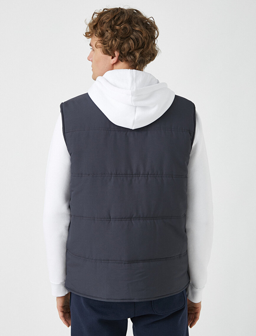 Stand Neck Button Detailed Pocket Detailed Thick Vest