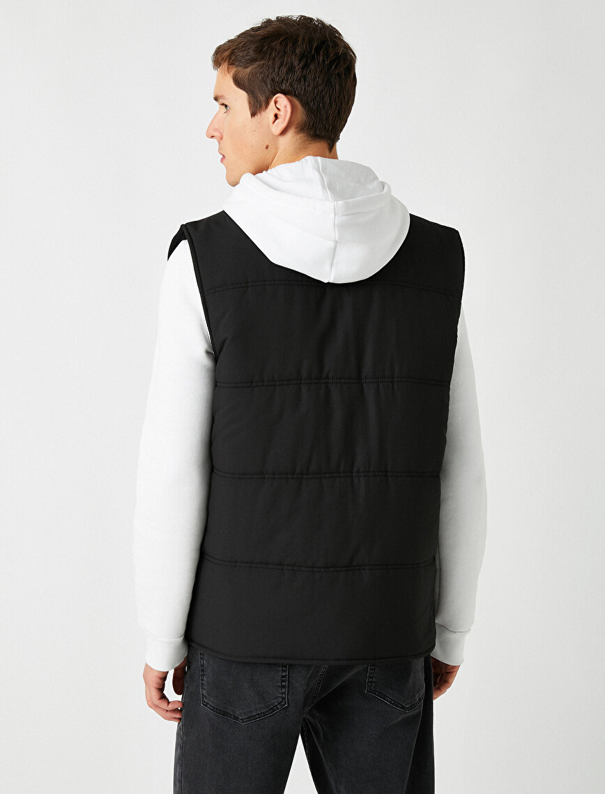 Stand Neck Button Detailed Pocket Detailed Thick Vest