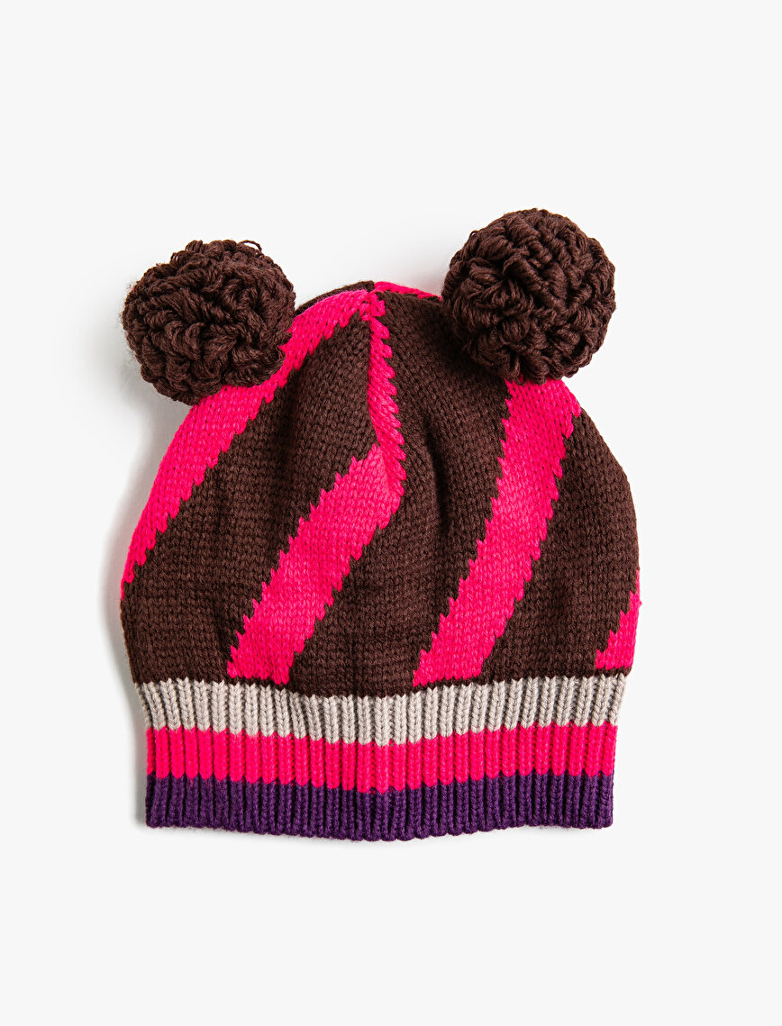 Pompom Color Block Knitted Beanie