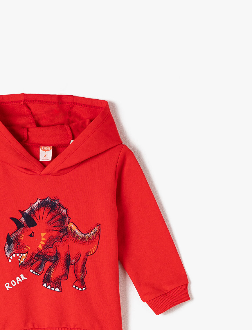 Pamuklu Kapüşonlu Dinozor Baskılı Sweatshirt